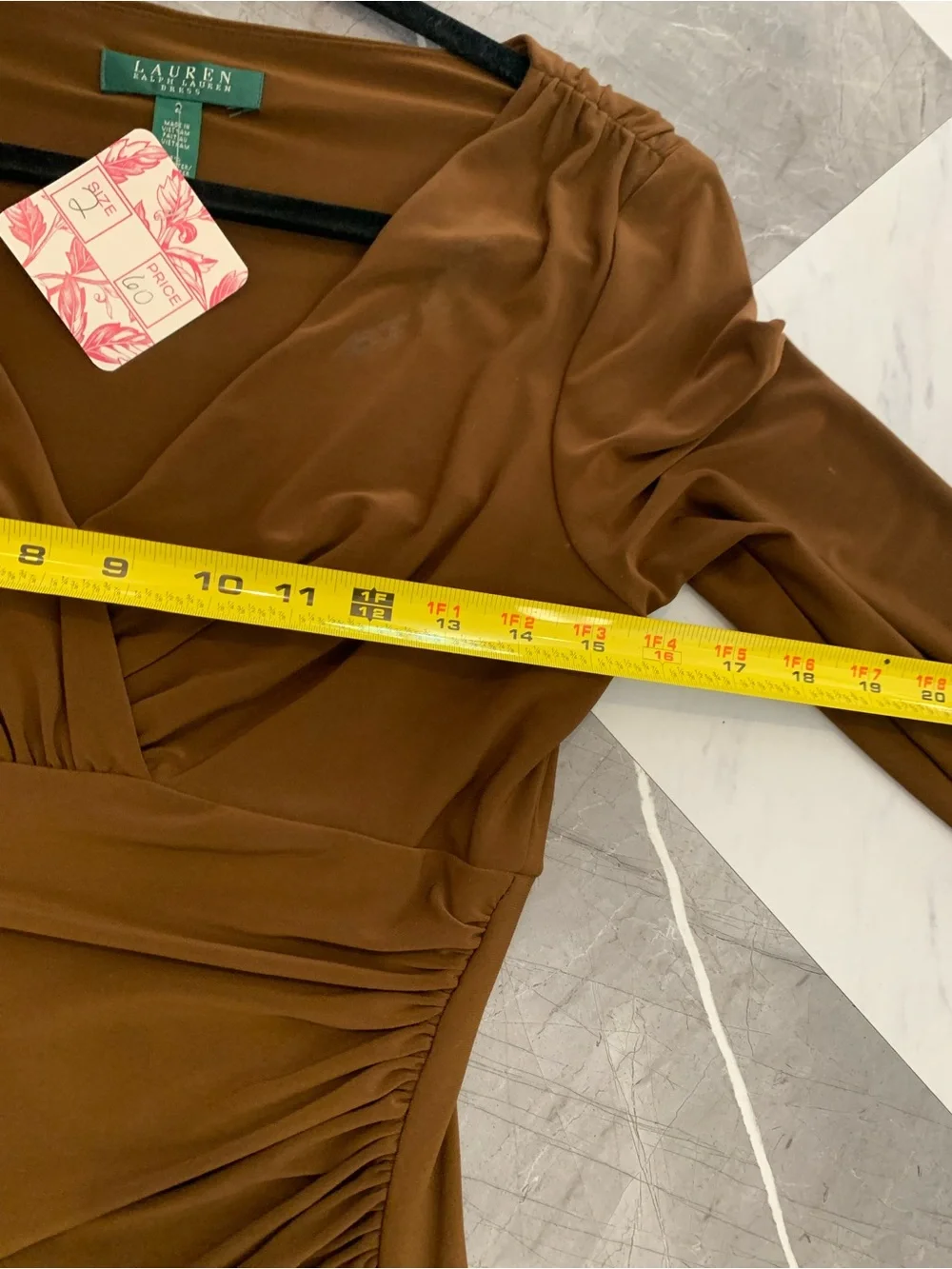 Ralph Lauren Brown Draped V-Neck Long Sleeve Dress